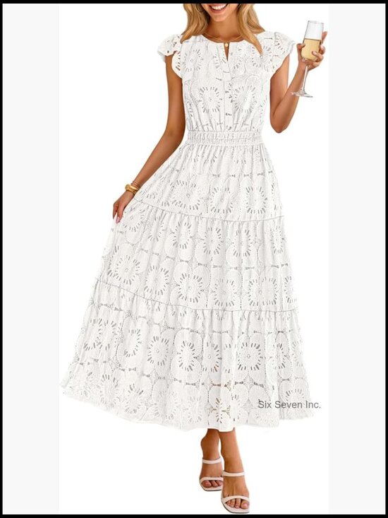Dresses & Skirts - Women's Summer Lace Eyelet Maxi Dress Flutter Sleeve Tiered Boho Beach Vacation